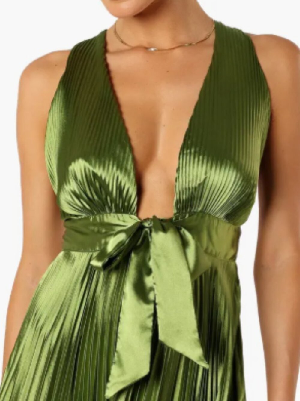 Petal & Pup Kris Plunge Neck Pleated Satin Gown – Olive Green – Small – NWT - Picture 14 of 15